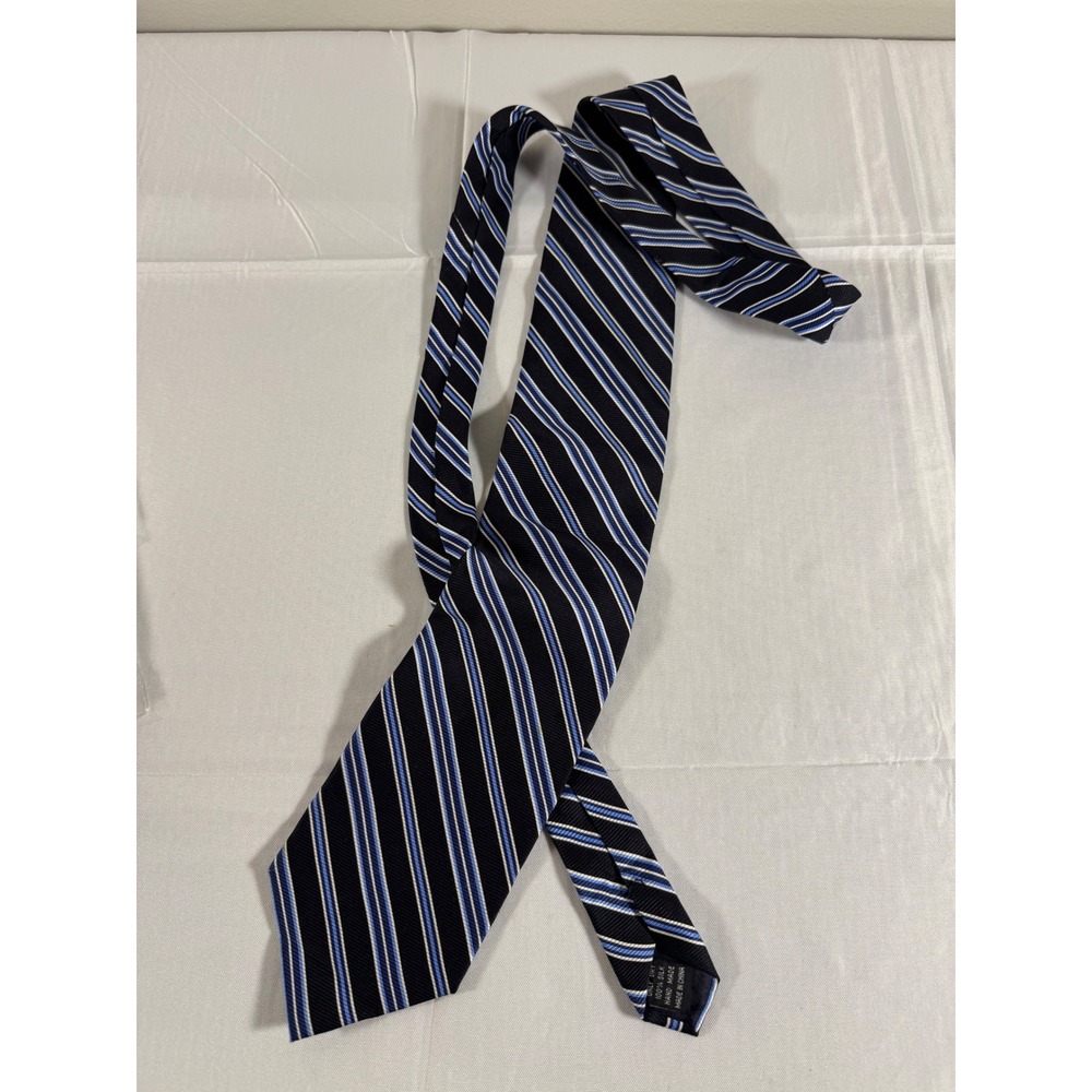 Meeting Street Mens Silk Necktie Navy Blue Light Blue White Diagonal Striped Tie